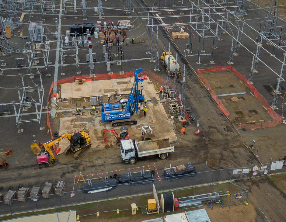 Substation construction with temporary piling mats